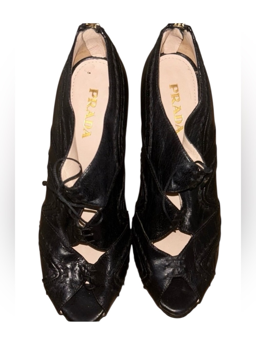 Vintage Prada Black Leather Peep-Toe Lace-Up Women's Heels